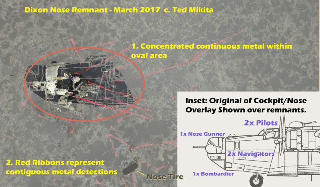 Airplane nose remnant with metal detections.