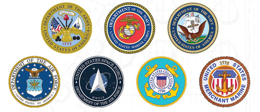 US military branch seals and logos.